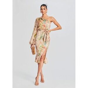 Hemant & Nandita One Shoulder Floral Burnout Velvet Midi Dress Blush Pink Size M